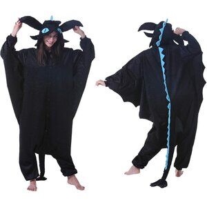 Adult Women's Black Dragon Kigurumi Hooded Onesie Halloween Costume Cosplay